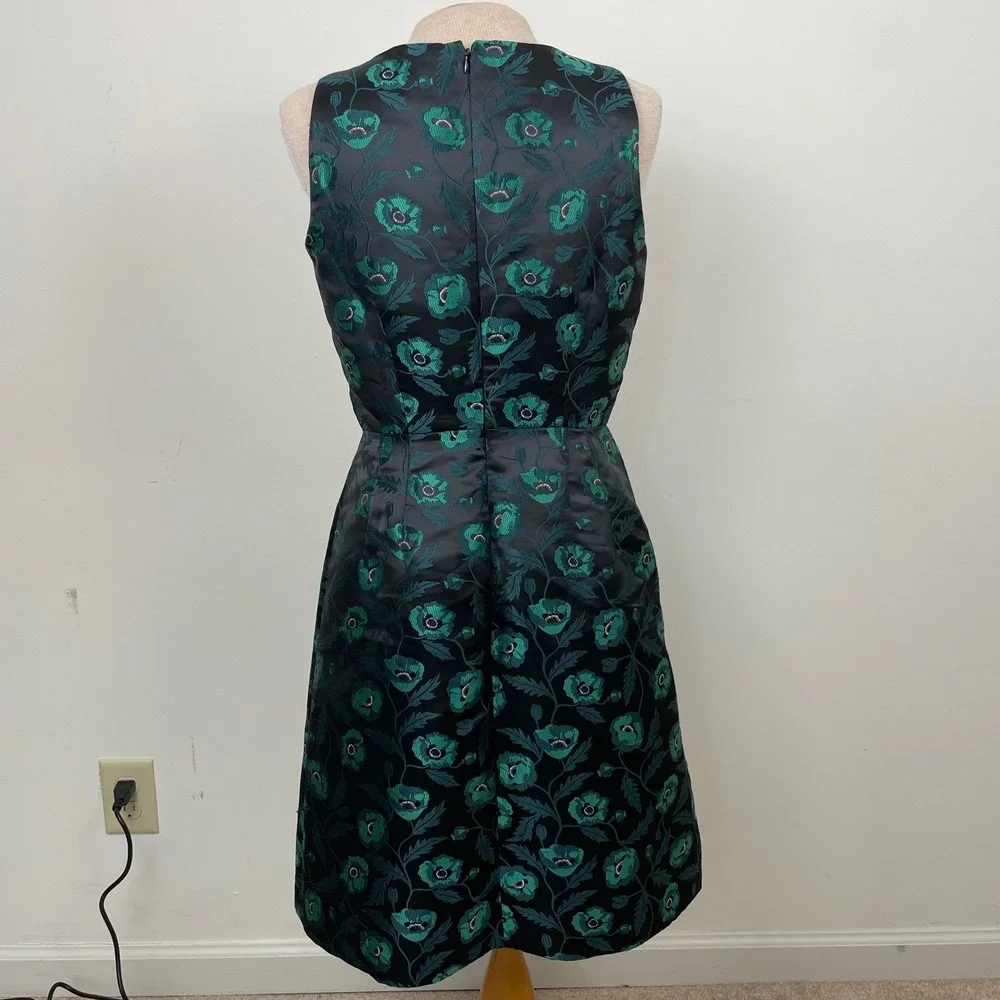 J‎ Crew Dress Floral Jacquard Sleeveless V Neck Black Green Size 2